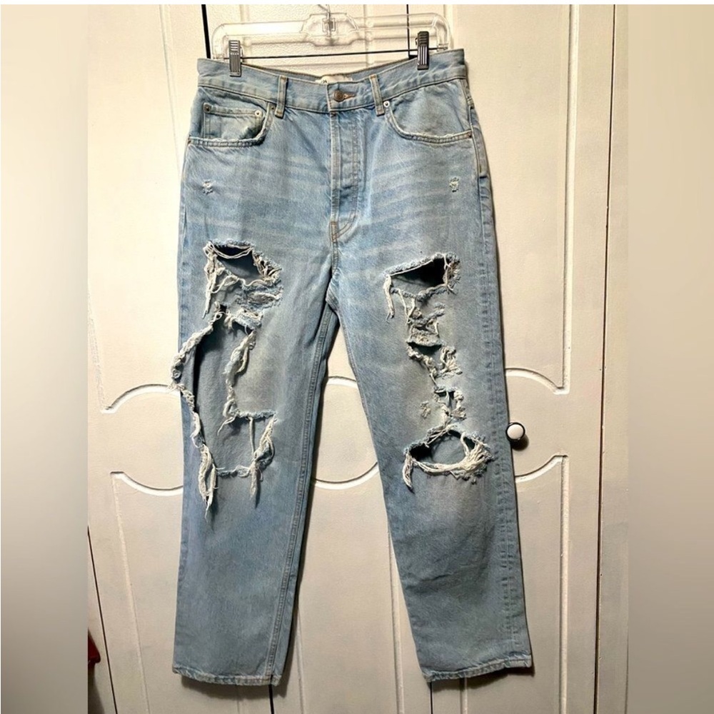 Zara straight leg high rise distressed button fly jeans 8